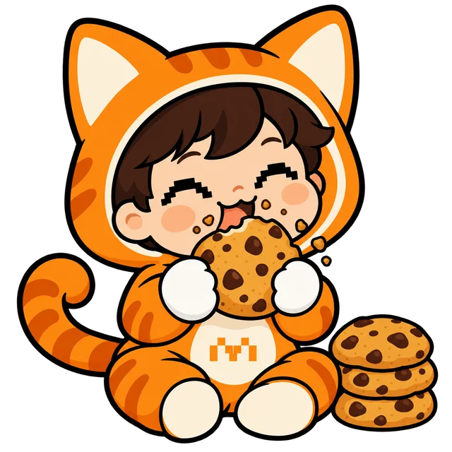 Le Chef, the Mistral mascot, munching a chocolate-chip cookie